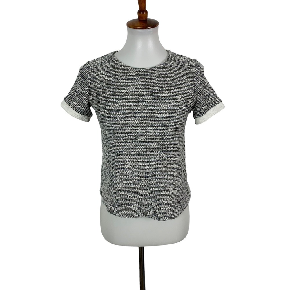 Zara Trafaluc Textured Knit Short Sleeve‎ Crew Neck Top Medium Gray White